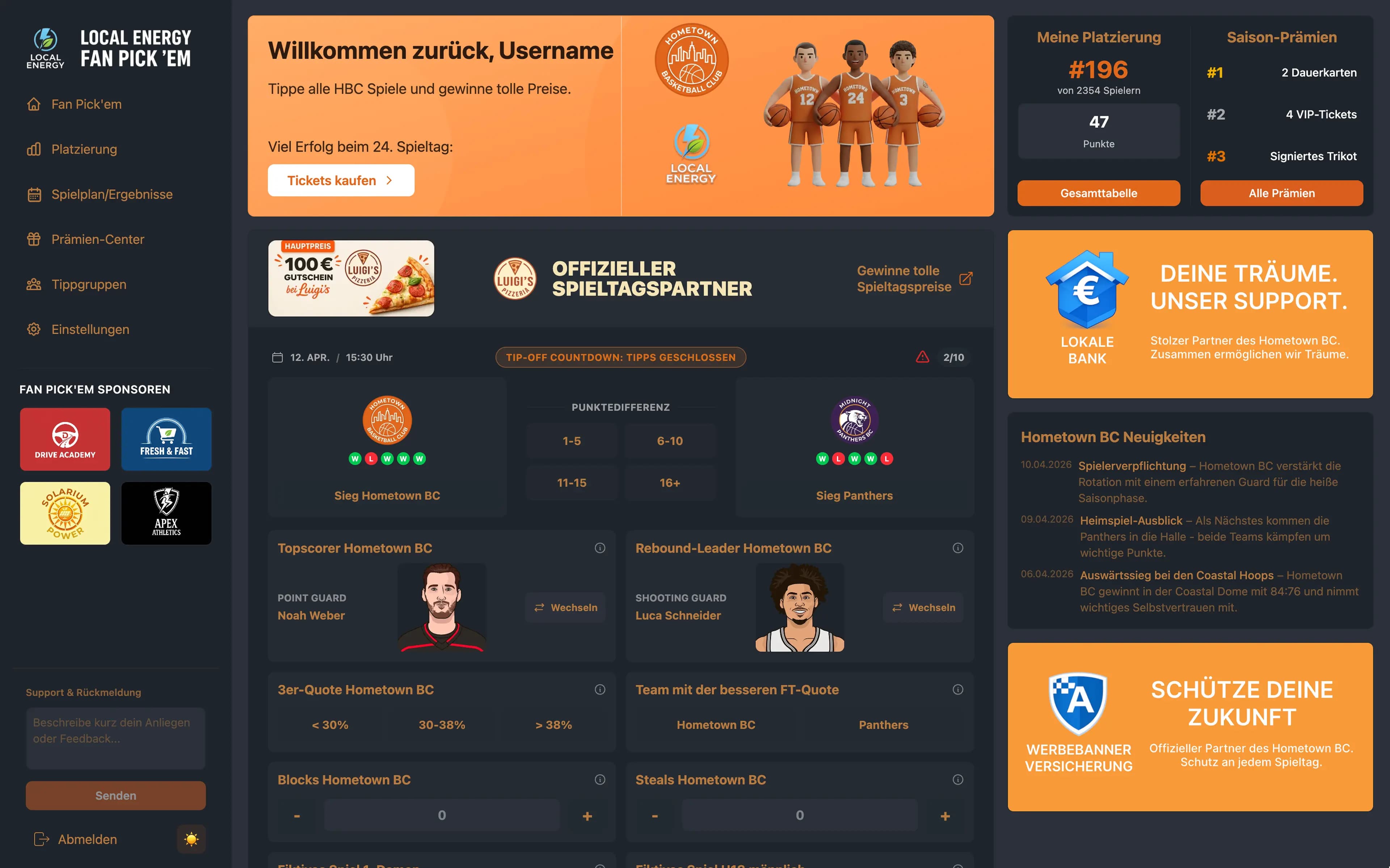 Fan Pick Plattform mit Sponsorflächen, Tippabgabe und Ranglisten